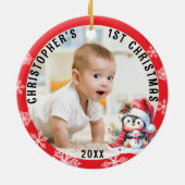 Baby's Eerste Kerst Schattigee Pinguïn Rood Lijst  Keramisch Ornament (Achterkant)