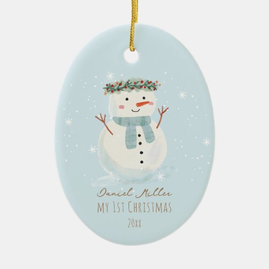 Baby's eerste kerst Schattigee sneeuwman en sneeuw Keramisch Ornament (Voorkant)