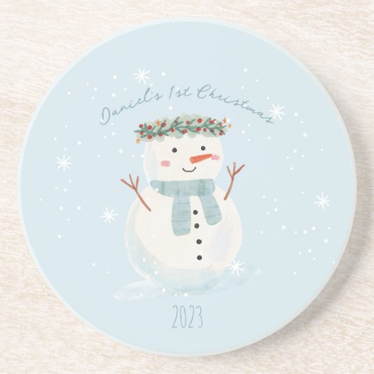 Baby's eerste kerst Schattigee sneeuwman en sneeuw Zandsteen Onderzetter (Voorkant)