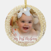 Baby's Eerste Kerst Script 2 Foto's Goud Keramisch Ornament (Voorkant)