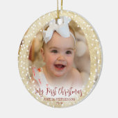 Baby's Eerste Kerst Script 2 Foto's Goud Keramisch Ornament (Links)
