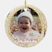 Baby's Eerste Kerst Script 2 Foto's Goud Keramisch Ornament (Achterkant)
