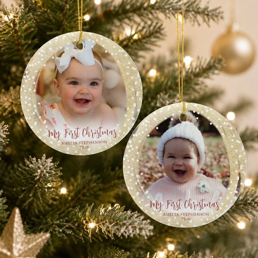 Baby's Eerste Kerst Script 2 Foto's Goud Keramisch Ornament
