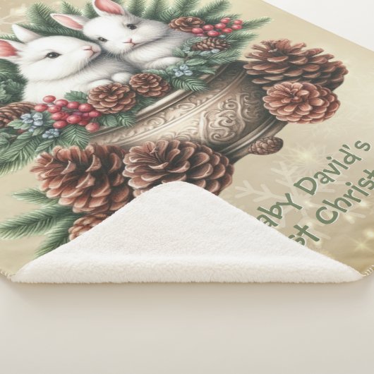 Baby's eerste kerst twee konijntjes in een kom sherpa deken (3/4)