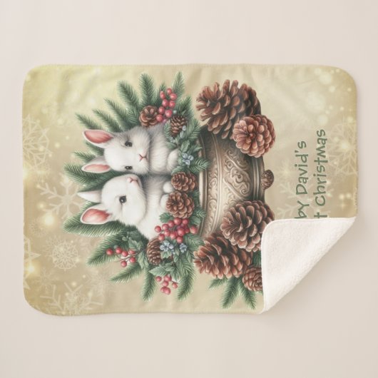 Baby's eerste kerst twee konijntjes in een kom sherpa deken (Voorkant (horizontaal))