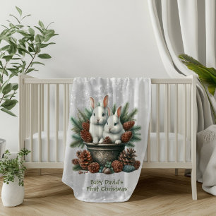 Baby's eerste kerst twee konijntjes in een kom sherpa deken
