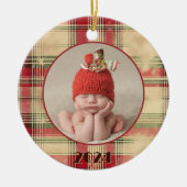 Baby's eerste kerst versleten Plaid Foto Keramisch Ornament (Voorkant)