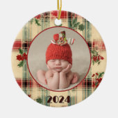 Baby's eerste kerst  versleten Plaid Foto Keramisch Ornament (Voorkant)
