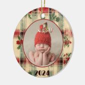 Baby's eerste kerst  versleten Plaid Foto Keramisch Ornament (Links)