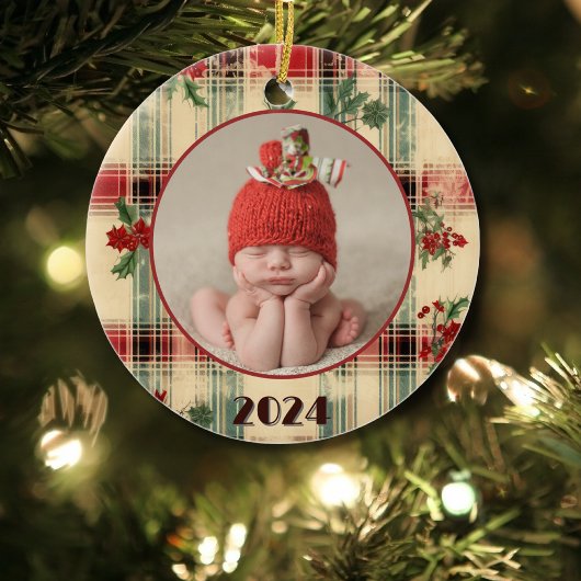 Baby's eerste kerst  versleten Plaid Foto Keramisch Ornament