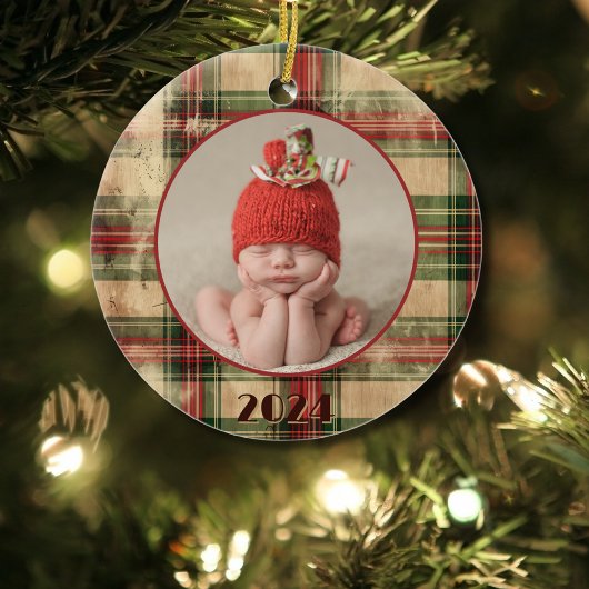 Baby's eerste kerst versleten Plaid Foto Keramisch Ornament