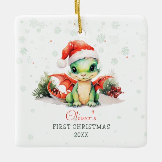 Baby's eerste kerst Waterverf Dragon Square Keramisch Ornament (Voorkant)