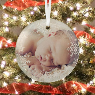 Baby's eerste kerst wit zilveren sneeuwvlokken glas ornament