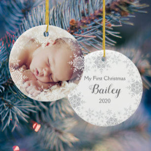 Baby's eerste kerst wit zilveren sneeuwvlokken keramisch ornament