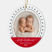 Baby's eerste kerst zwart, wit en rood Stip Keramisch Ornament (Links)