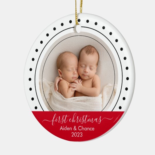 Baby's eerste kerst zwart, wit en rood Stip Keramisch Ornament (Links)