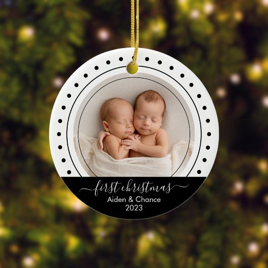 Baby's eerste kerst zwart, witte Stippen Keramisch Ornament
