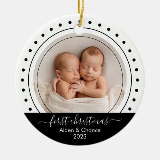 Baby's eerste kerst zwart, witte Stippen Keramisch Ornament (Voorkant)