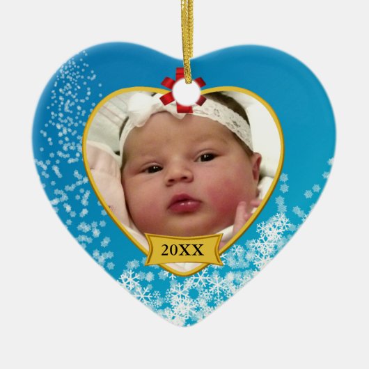 Baby's eerste kerstbaby Blauwe foto Keepasje Keramisch Ornament (Voorkant)