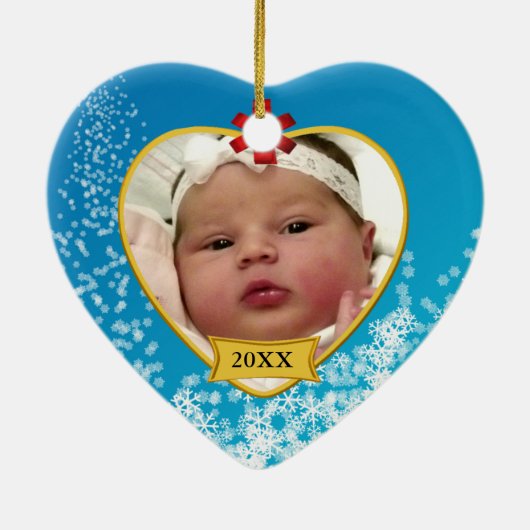 Baby's eerste kerstbaby Blauwe foto Keepasje Keramisch Ornament (Achterkant)
