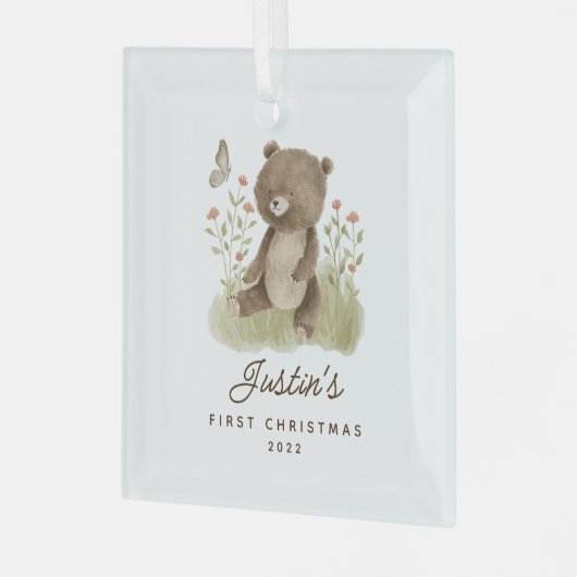 Baby's eerste kerstBeer Glas Ornament (Voorkant links)