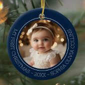 Baby's Eerste Kerstblauw Modern 2 Foto Pasgeborene Keramisch Ornament