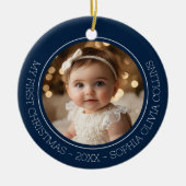 Baby's Eerste Kerstblauw Modern 2 Foto Pasgeborene Keramisch Ornament (Voorkant)