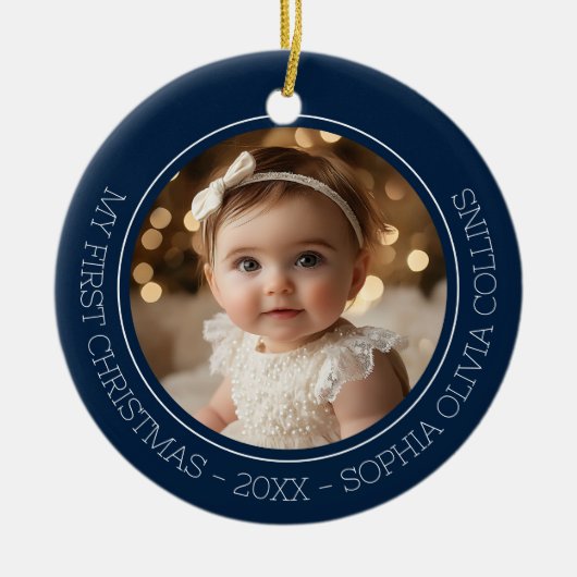 Baby's Eerste Kerstblauw Modern 2 Foto Pasgeborene Keramisch Ornament (Voorkant)