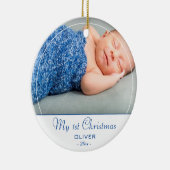 Baby's eerste kerstblauwe baby foto keramisch ornament (Rechts)
