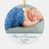 Baby's eerste kerstblauwe baby foto keramisch ornament (Voorkant)