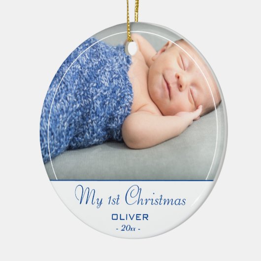Baby's eerste kerstblauwe baby foto keramisch ornament (Links)