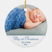 Baby's eerste kerstblauwe baby foto keramisch ornament (Achterkant)