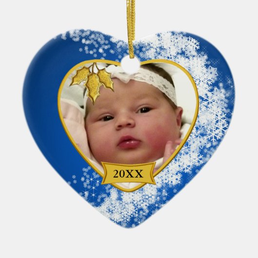 Baby's eerste kerstblauwe foto Snowflake Keramisch Ornament (Voorkant)