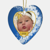 Baby's eerste kerstblauwe foto Snowflake Keramisch Ornament (Links)