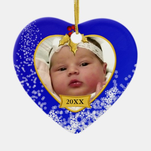 Baby's eerste kerstblauwe foto Snowy Keramisch Ornament (Voorkant)