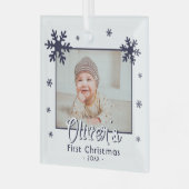 Baby's eerste kerstblauwe sneeuwvlokken Foto Glas Ornament (Voorkant links)