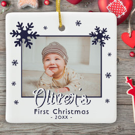 Baby's eerste kerstblauwe sneeuwvlokken Foto Keramisch Ornament
