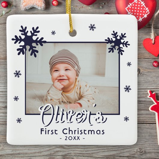 Baby's eerste kerstblauwe sneeuwvlokken Foto Keramisch Ornament
