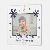 Baby's eerste kerstblauwe sneeuwvlokken Foto Keramisch Ornament (Links)