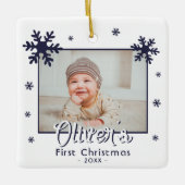Baby's eerste kerstblauwe sneeuwvlokken Foto Keramisch Ornament (Voorkant)