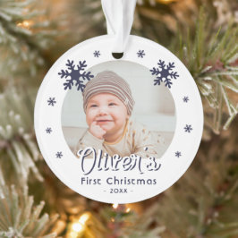 Baby's eerste kerstblauwe sneeuwvlokken Foto Ornament