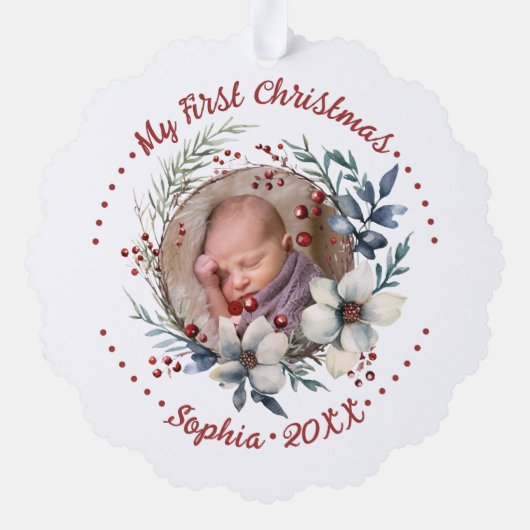 Baby's eerste kerstbloemenkrans foto ornament kaart (Achterkant)