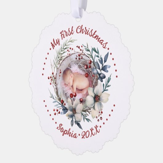 Baby's eerste kerstbloemenkrans foto ornament kaart (Links)