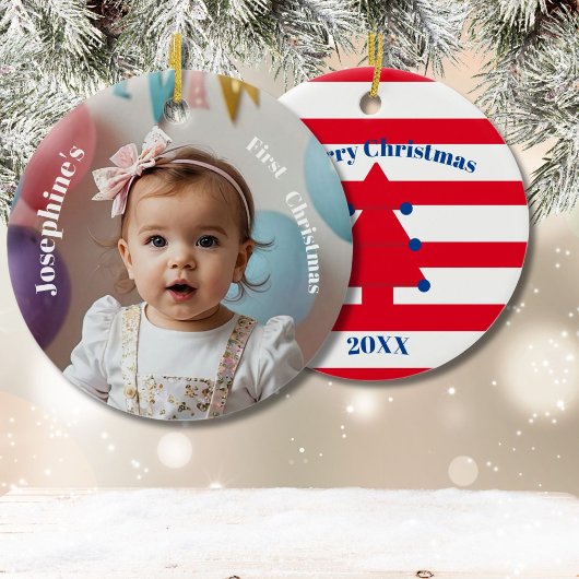 Baby's Eerste Kerstboom Foto Rood Blauw Wit Keramisch Ornament