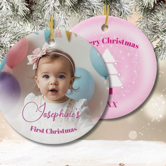 Baby's Eerste Kerstboom Roze Sterren Foto Keramisch Ornament