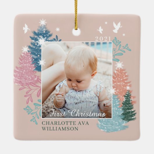 Baby's eerste kerstboomfoto Foto Keramisch Ornament (Achterkant)