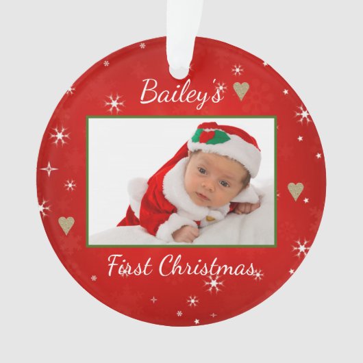 Baby's eerste kerstcadeautje Foto rood hart Ornament (voorkant)