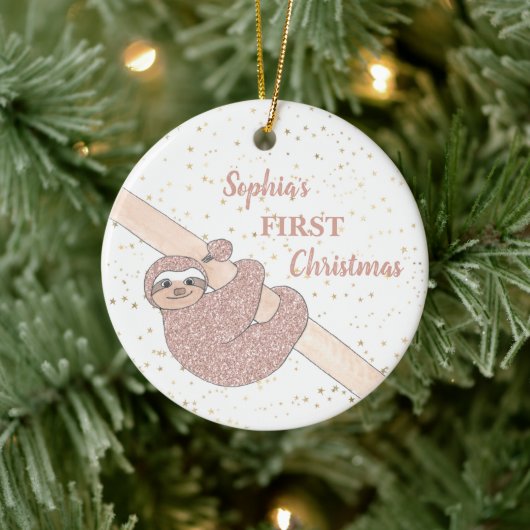 Baby's eerste kerstcadeautje Glitter Sloth Foto na Keramisch Ornament (Boom)