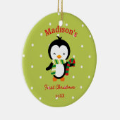 Baby's eerste kerstcadeautje pinguïn en poka dots keramisch ornament (Rechts)