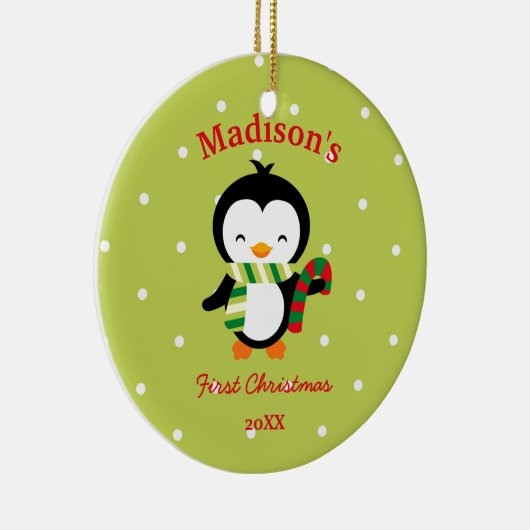 Baby's eerste kerstcadeautje pinguïn en poka dots keramisch ornament (Rechts)